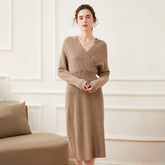 V-Neck Ribbed Cashmere Blend Dress Wrap Pullover Knit Dress